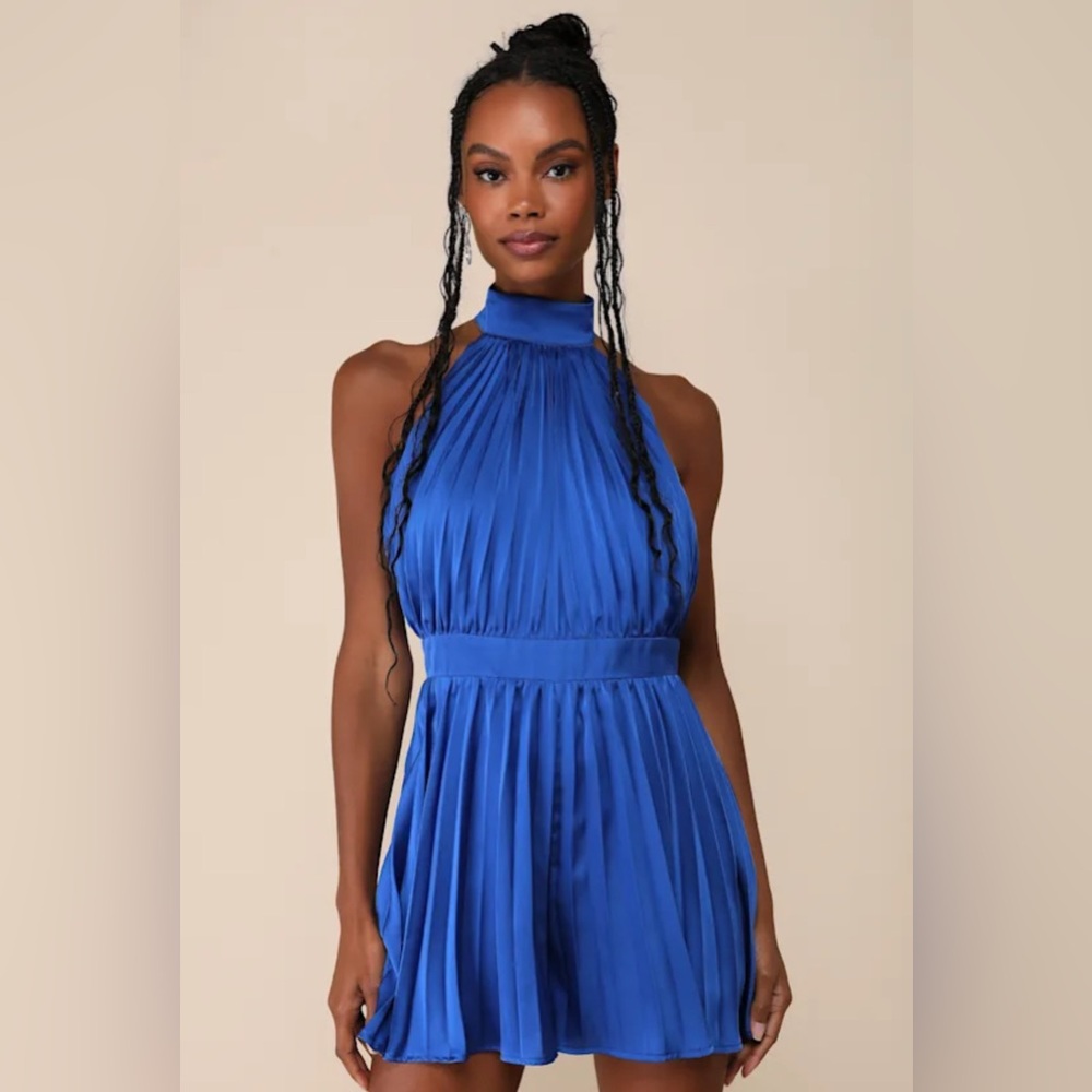 Stunning Blue Satin Pleated Backless Romper